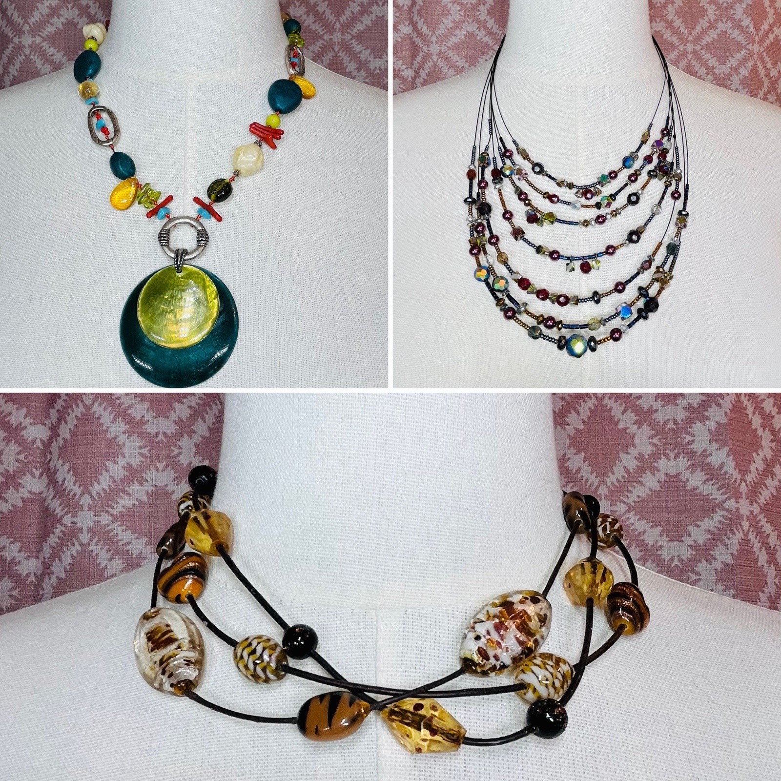Chico’s Jewelry Lot 3 Chunky Boho Necklaces Beaded Art Glass Multi Strand