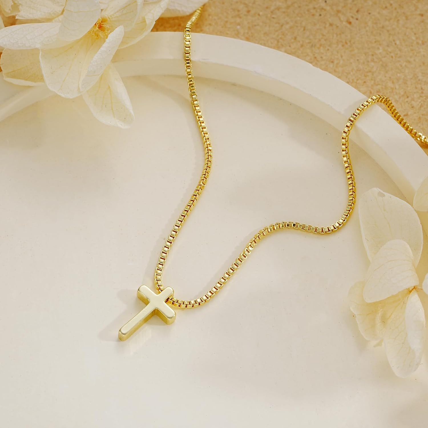 Gold Cross Necklace for Women, Trendy 14K Gold Plated Charm Box Chain Choker Dai