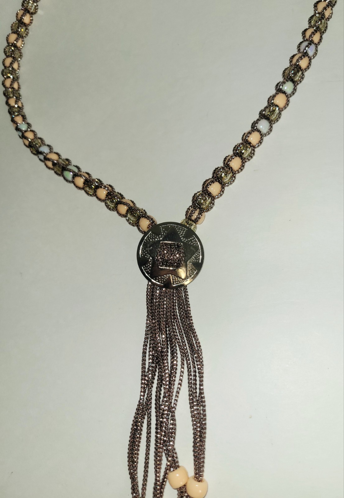 Vintage Western Bolo Tie Brown Silver Cord Silver Tone Concho Beaded Necklace