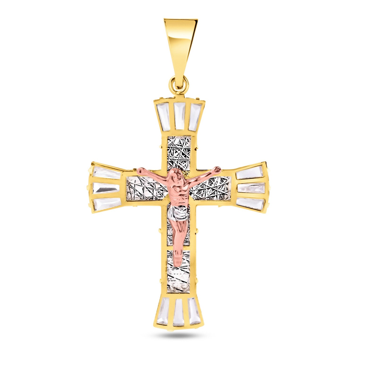 14k Yellow Gold Crucifix Diamond Cut Clear CZ Rose Jesus Cross Catholic Pendant