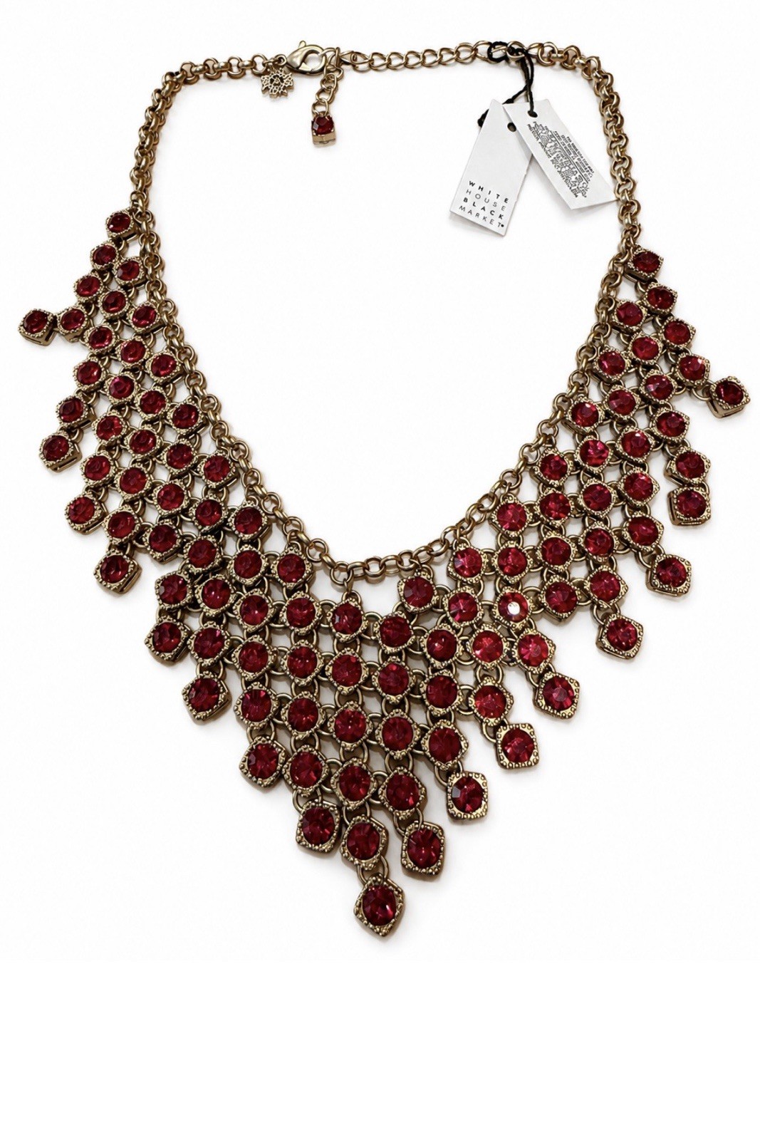 NWT WHBM Red Crystal Gold-Tone Waterfall Bib Statement Necklace