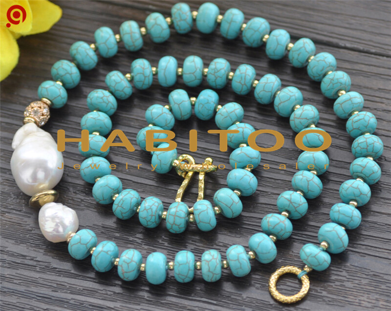 25″ 24mm Baroque White Keshi Pearl Rondelle Turquoise CZ Bead Necklace