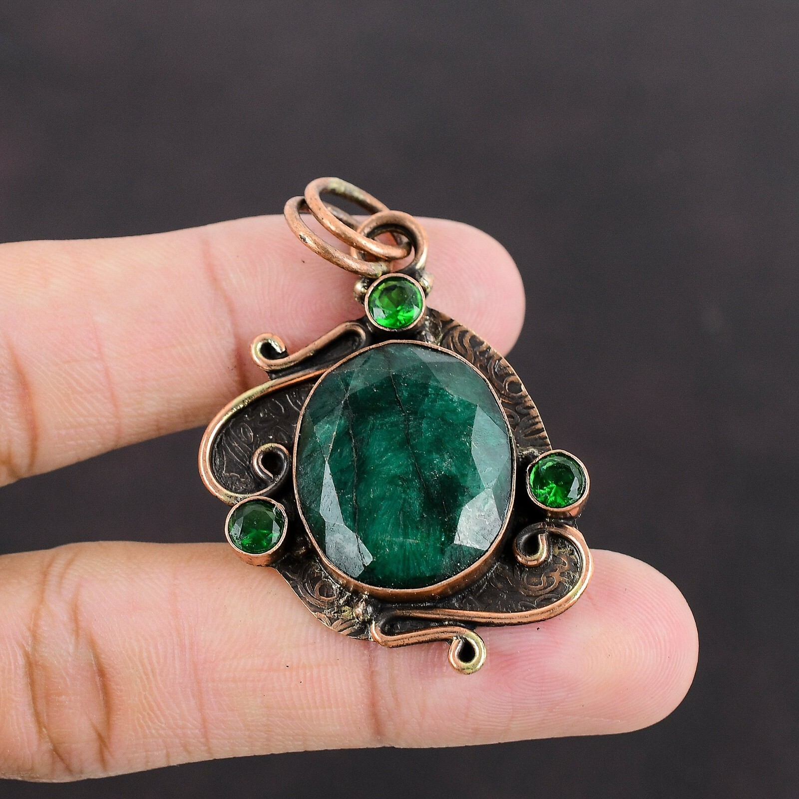 Valentines Sale Copper Oval Zambian Emrald Gemstone Chrome Diopside Boho Pendant