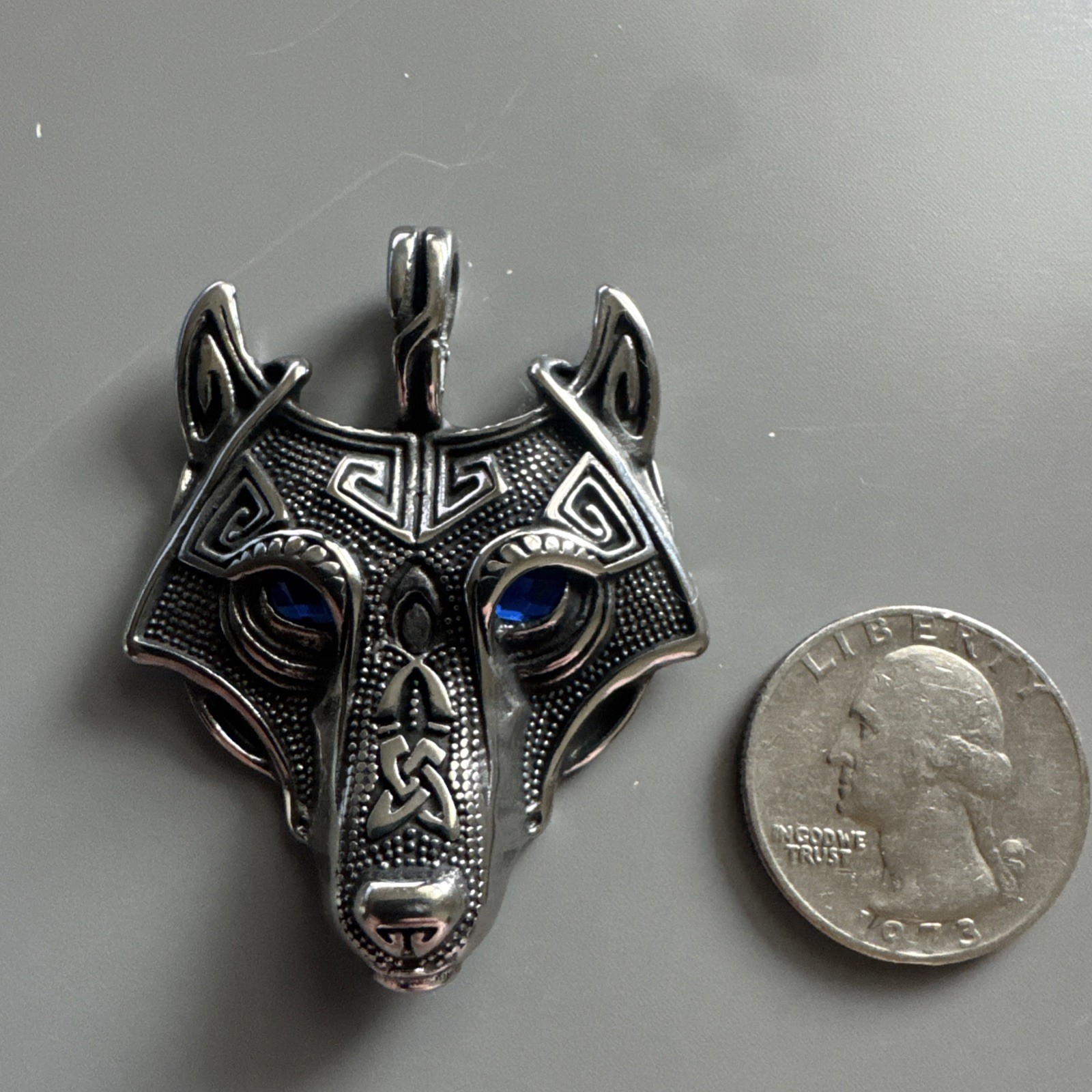 Viking Wolf Blue Stone Eyes Pendant Stainless Steel 24 Inch Chain Men’s Gift