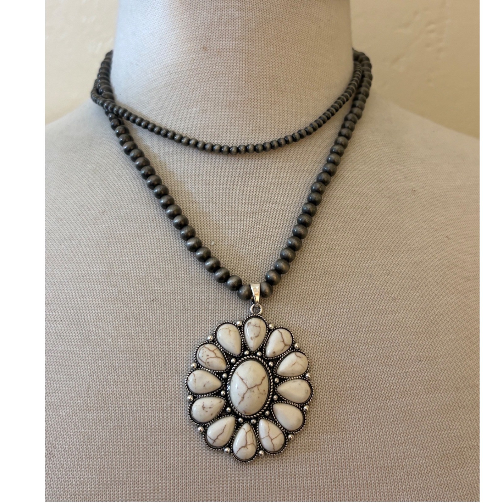 Western Faux White Turquoise Sunflower Layered Beaded Necklace Silver Tone