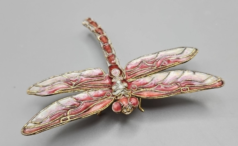 Pink Enamel Dragon Fly Pendant, 3.75″ across wings, 2.75″ head to tail. EUC P11