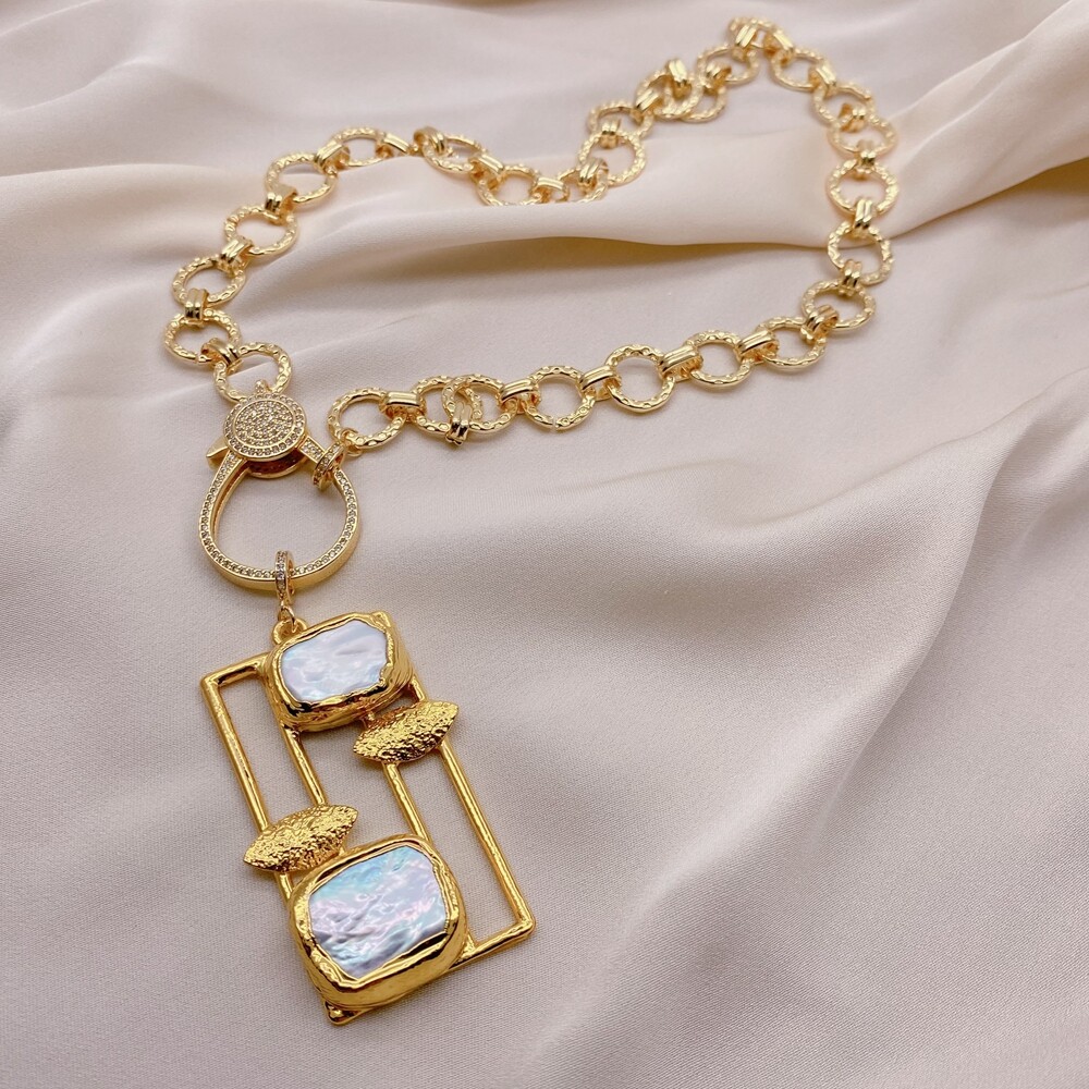 Cultured White Pearl Rectangle Pendant Gold Plated Chain Necklace Jewelry