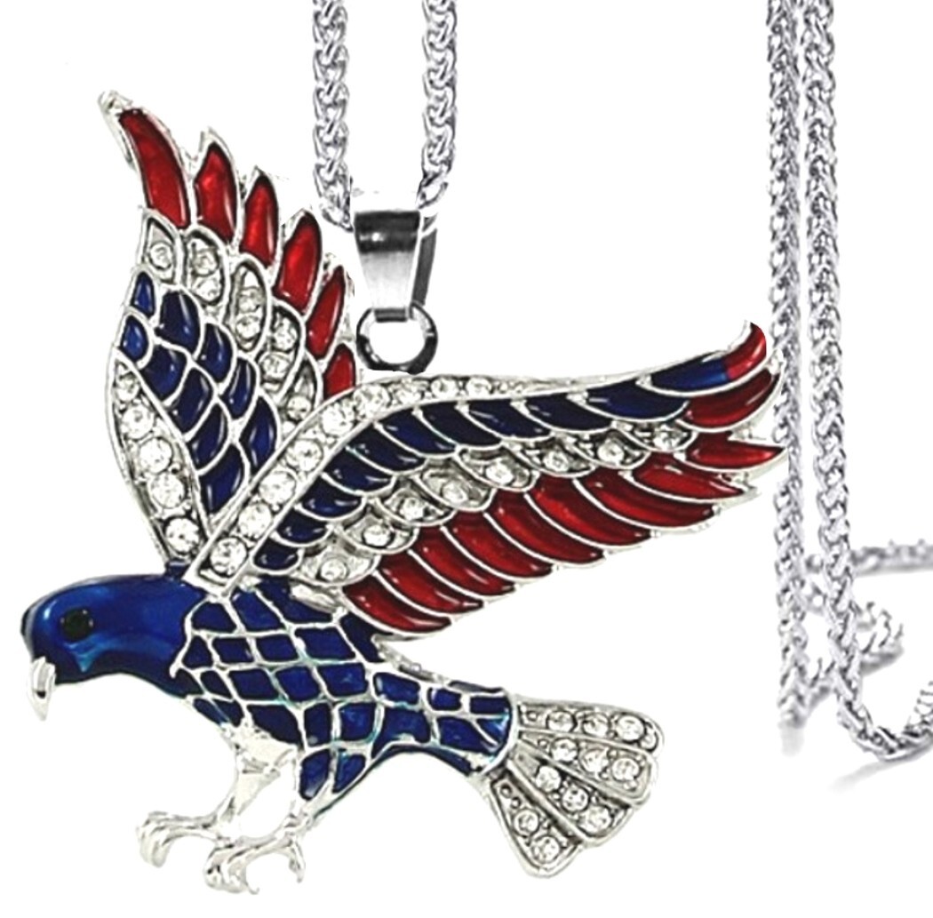 Silvertone Eagle Pendant Necklace American Flag Color Enameled 24″ Chain
