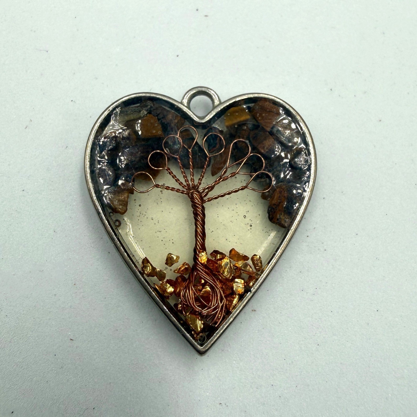 Tree of Life Heart Pendant Tigers Eye Stone Resin Wire Wrapped Silver Tone 1.25″