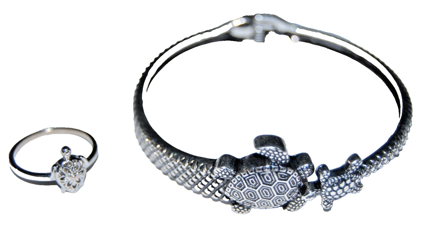 Boho Sea Turtle Costume Jewelry Set: 2.5″ Hinged Bangle & Filigree Ring Size 7.5