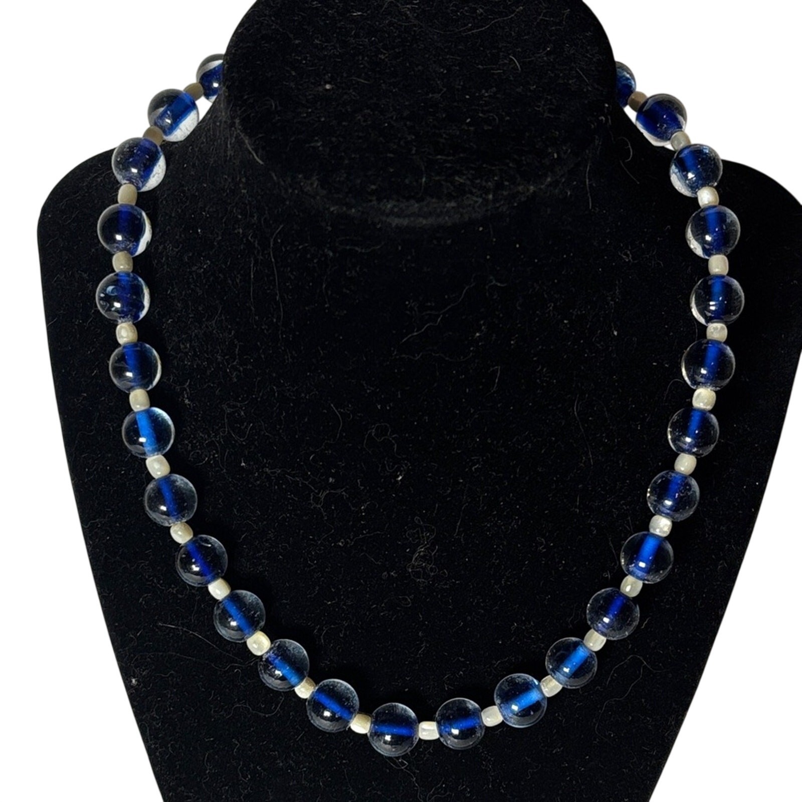 Handmade Cobalt Blue Glass Freshwater Pearl Beaded Necklace 17” Artisan Jewelry