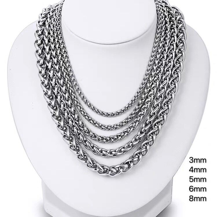 3/4/6/8mm Braided Wheat Round Spiga Chain Silver Stainless Steel Men Necklace