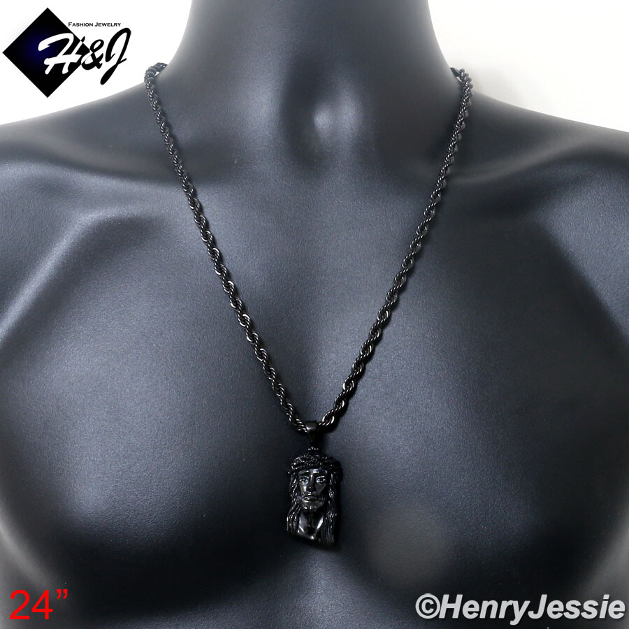 20″24″30″MEN Stainless Steel 5mm Black Plated Rope Chain CZ Jesus Pendant*BP133
