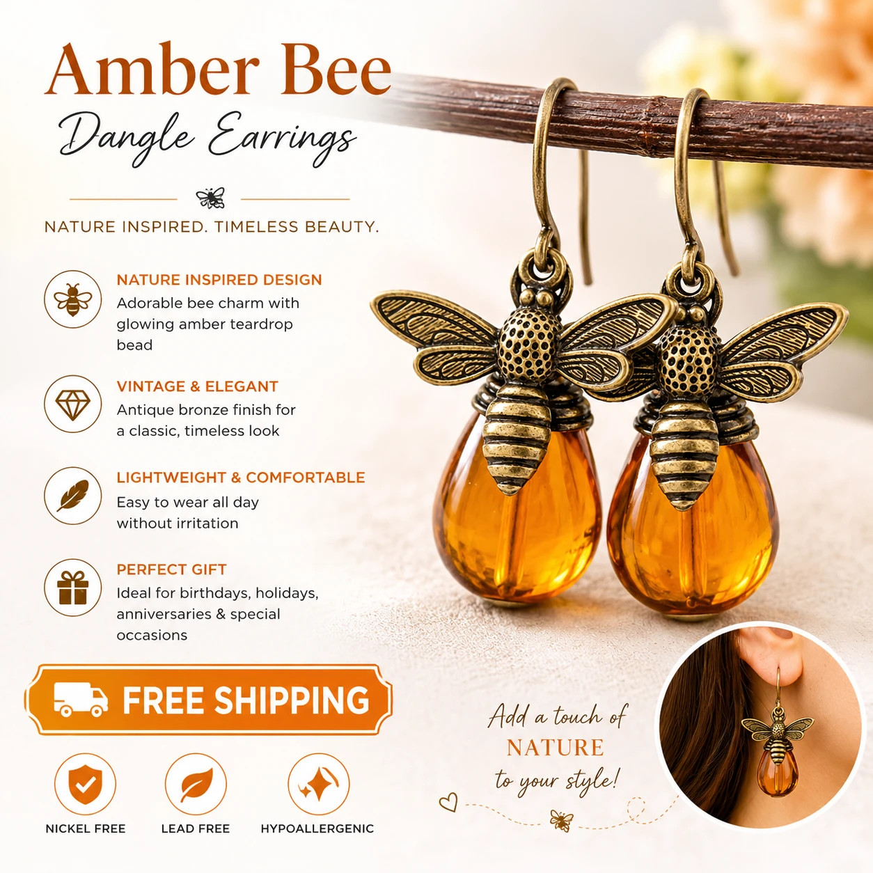 Retro Amber Honey Bee Earrings Gold Drop Dangle Vintage Boho Gift for Women