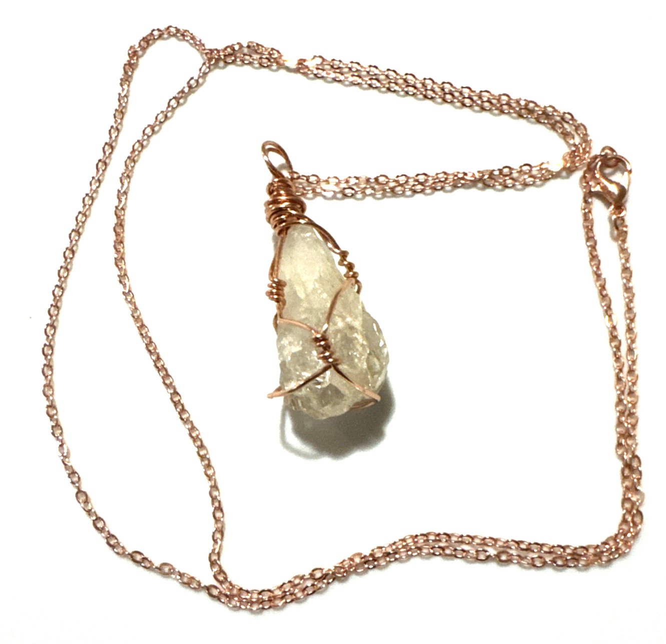 Clear Quartz Necklace Jewelry Rose Gold Tone 30″ Chain Genuine Stone Handmade
