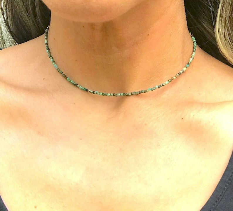 African Turquoise 2mm Beaded Choker Healing Dainty Delicate Women Necklace Gift