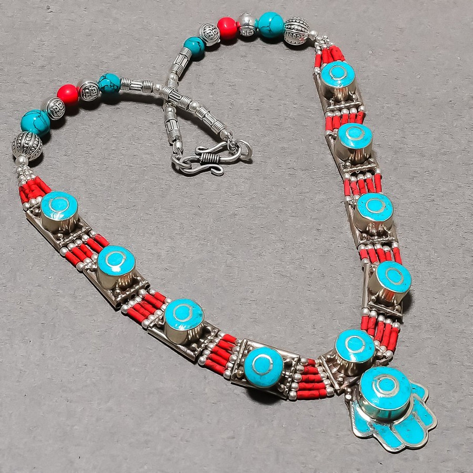 Tibetan Turquoise Red Coral Bohemian Ethnic Handmade Nepali Necklace 18″ SR 7109