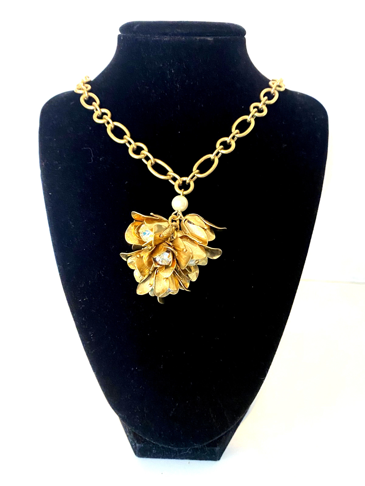 J Crew Gold tone Chunky Flower Pearl Crystal Bouquet Long Statement Necklace 30″
