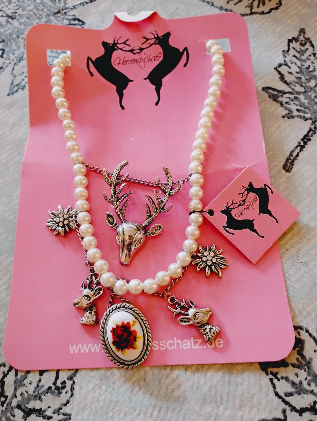 Fashion Jewelry.Germany, HERZENSSCHATZ Edelweiss, Deer charms with false pearls