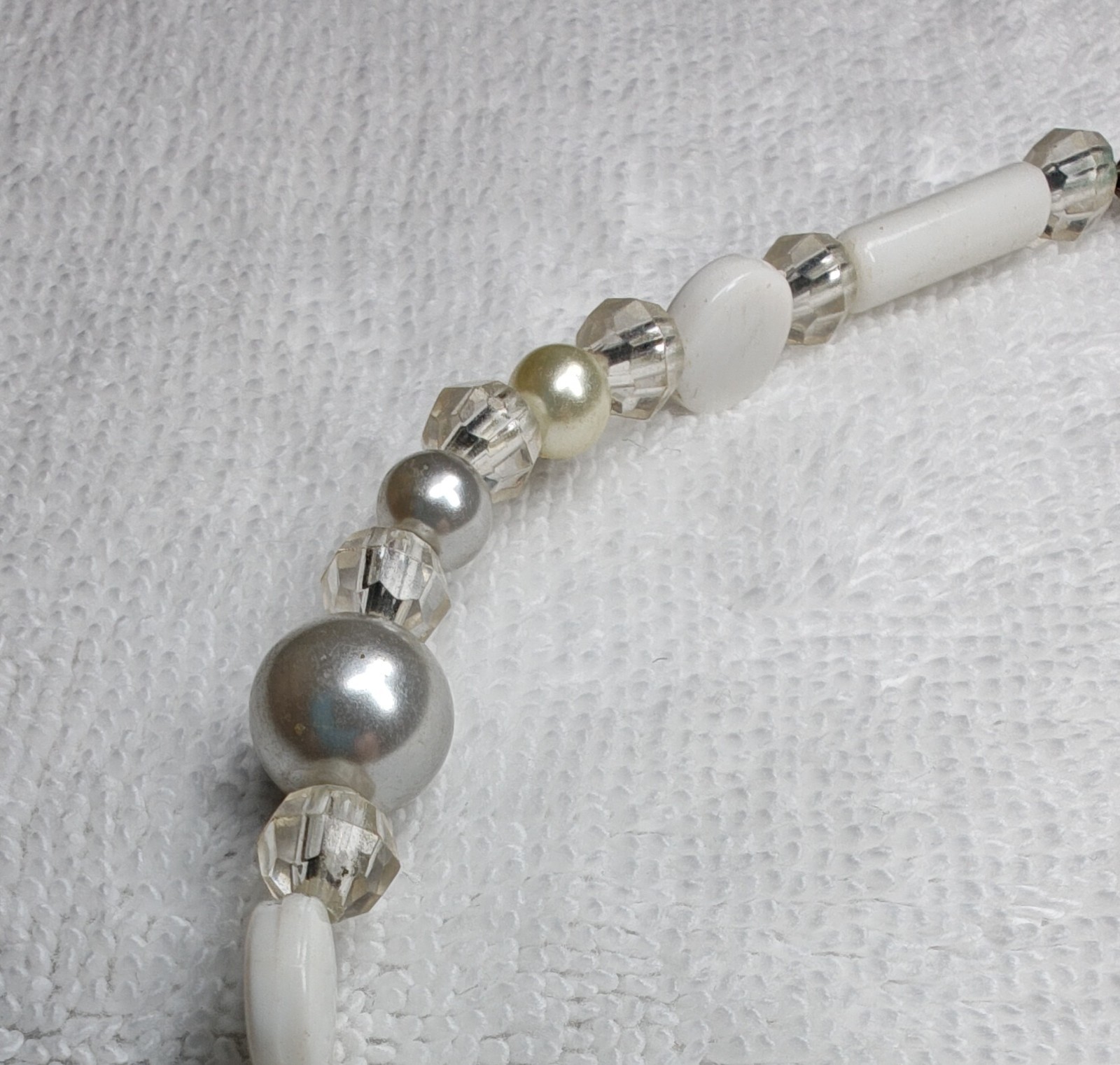 Vintage White Beaded Tassel Pendant Necklace SilverTone Adjustable Lobster Boho
