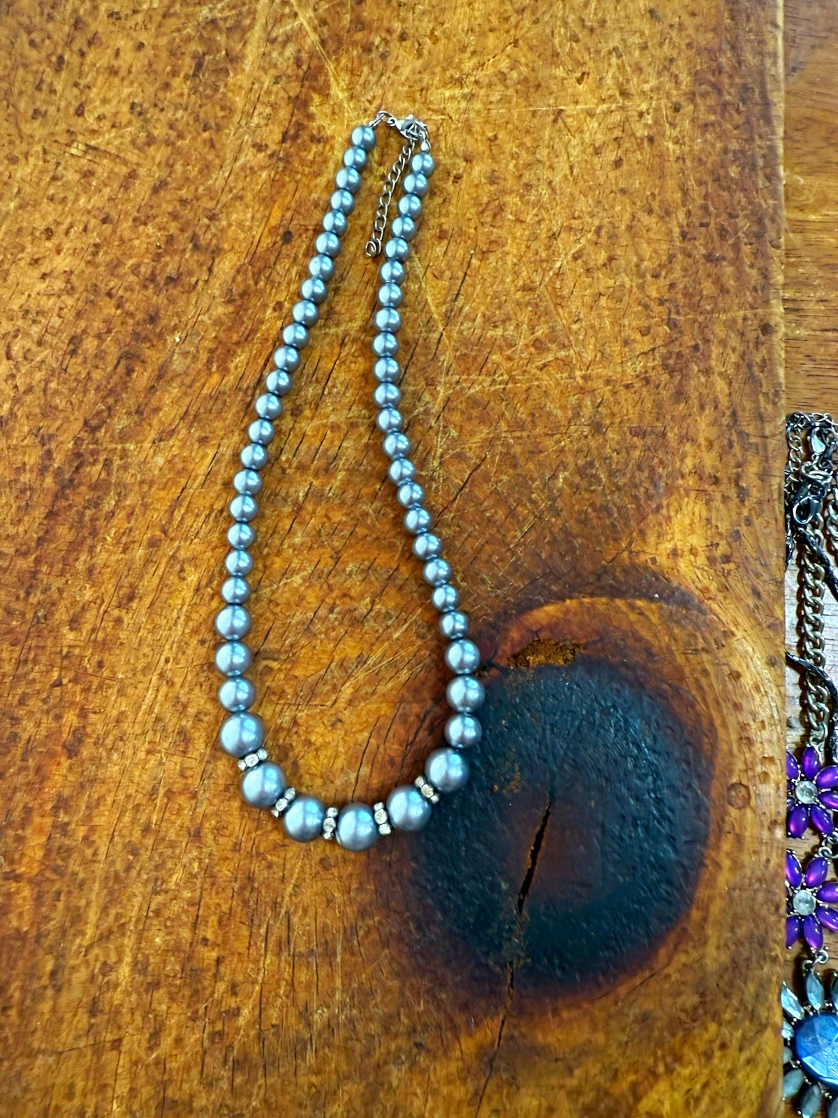 White Faux Pearl Beaded Bib Necklace Accents Adjustable Lobster