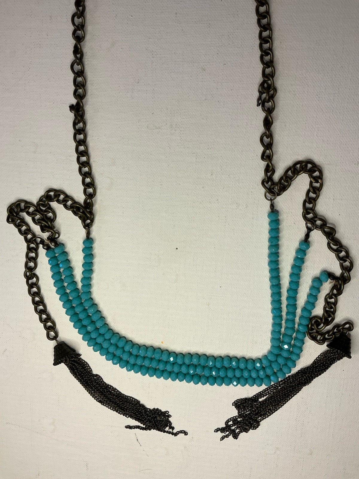 Multi-Tier Turquoise-Colored Faceted Bead and Chain Necklace and Bead Earrings
