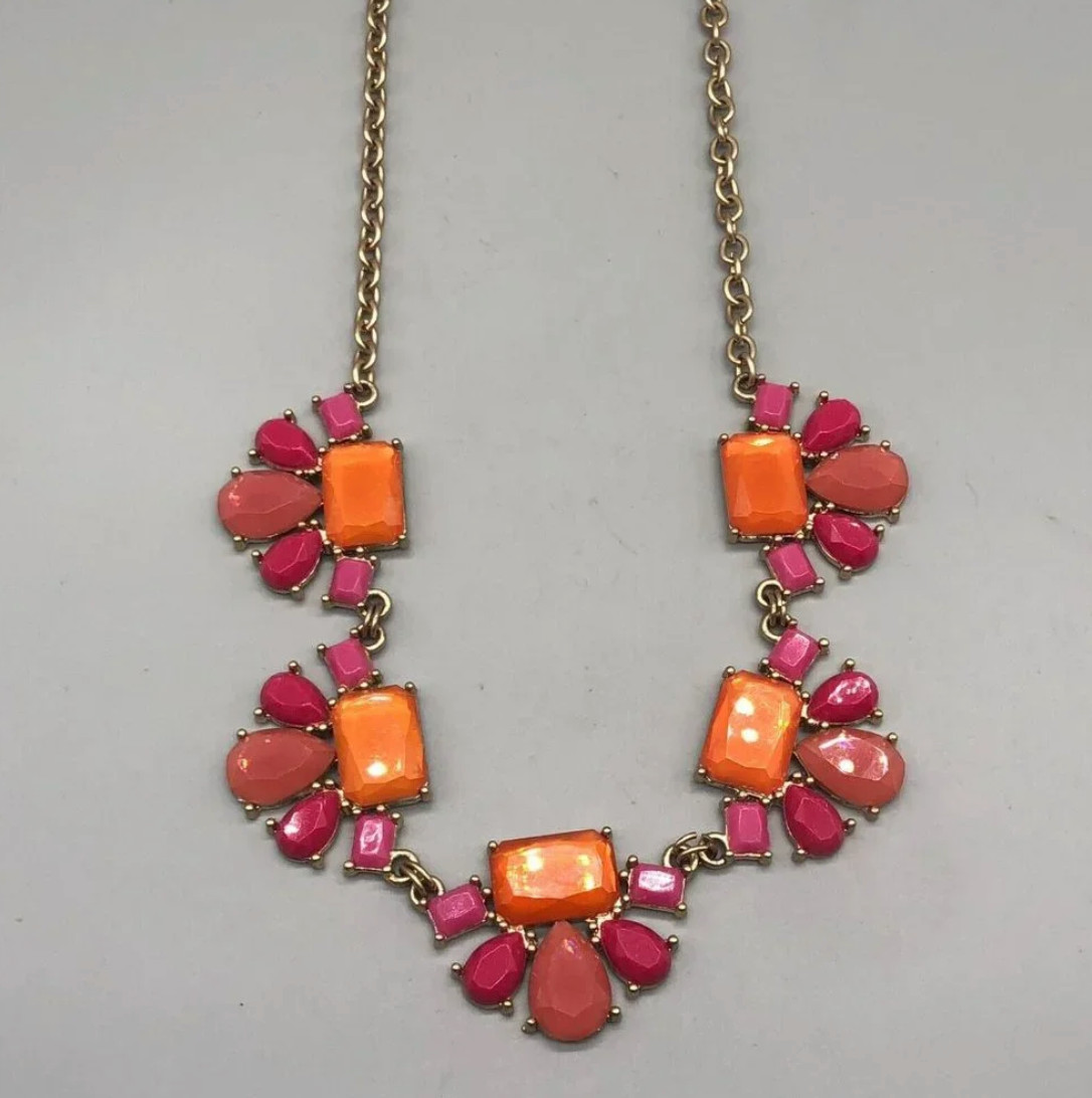 Premier Designs Garden Party Statement Necklace Gold Tone Pink Orange Summer NEW