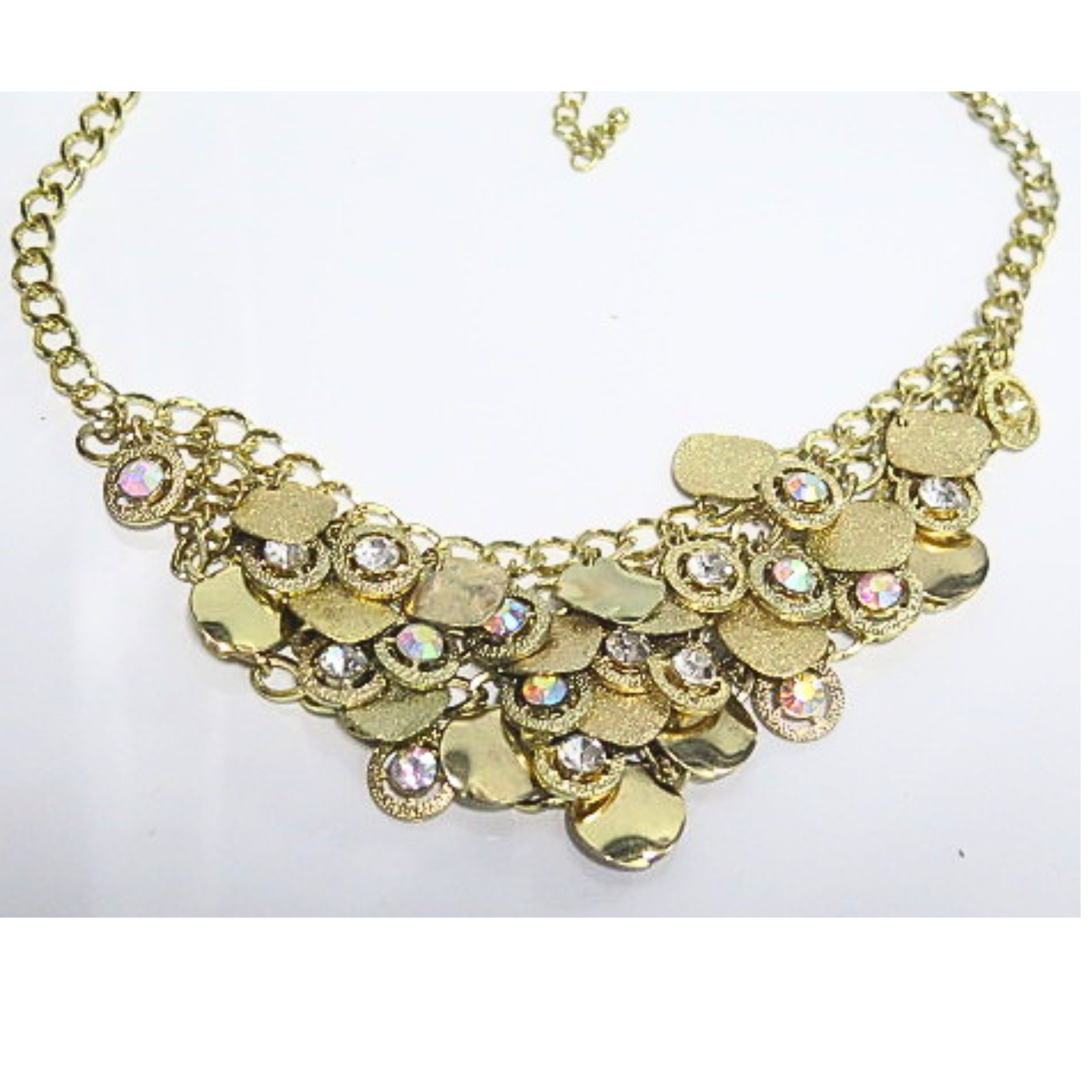 Gold Tone Crystal Coin Statement Bib Necklace AB Rhinestones Adjustable