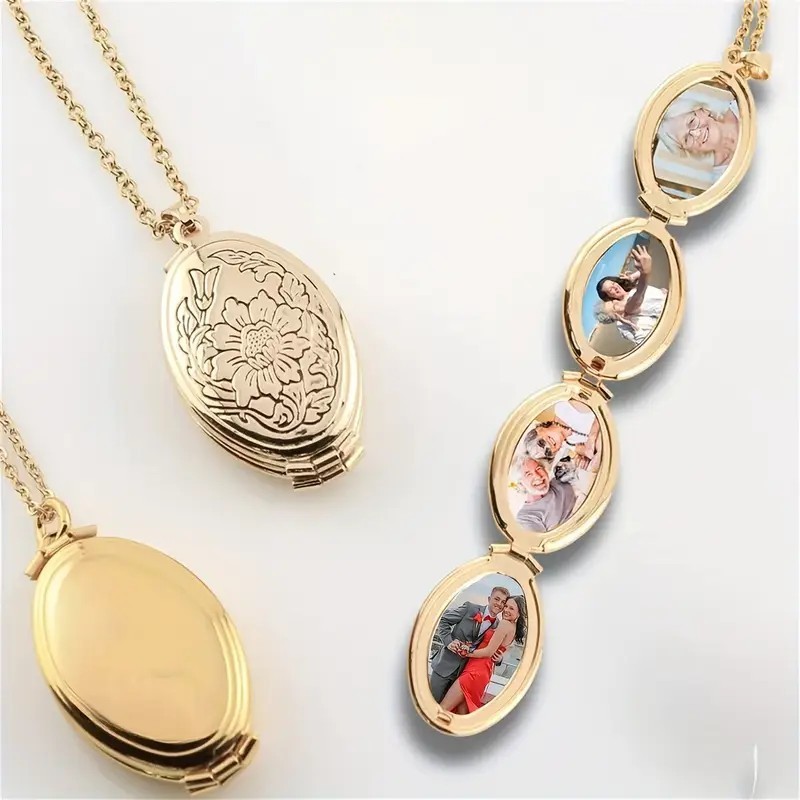 Gold Multi Photo Locket Necklace Expandable Family Memory Keepsake Pendant Gift