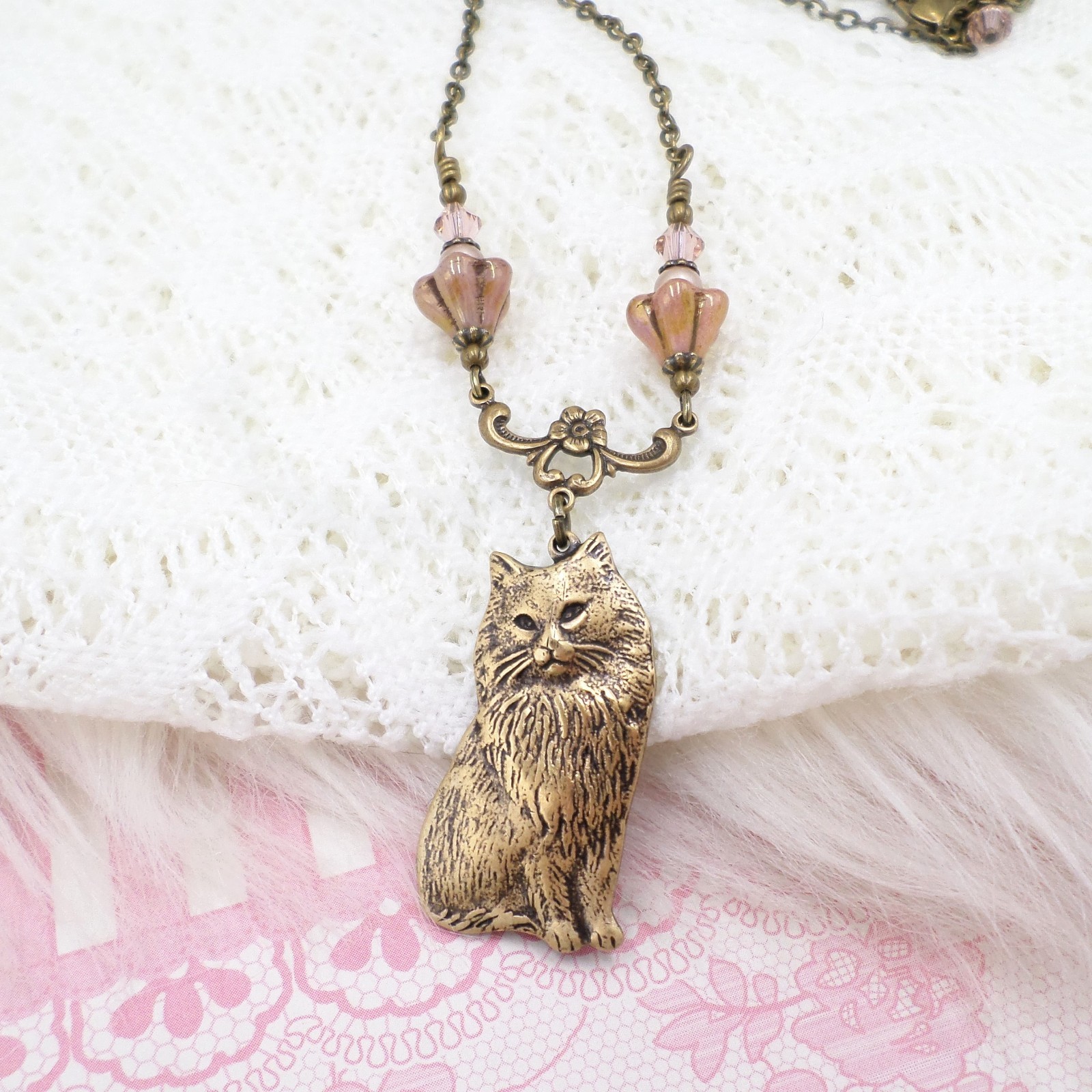 Vintage Style Cat Necklace with Pink Czech Glass Flowers, Antique Brass Handmade