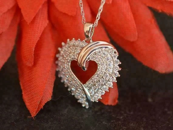 1.00 Ct Round Cut Simulated Diamond Cluster Heart Pendant 14K White Gold Plated