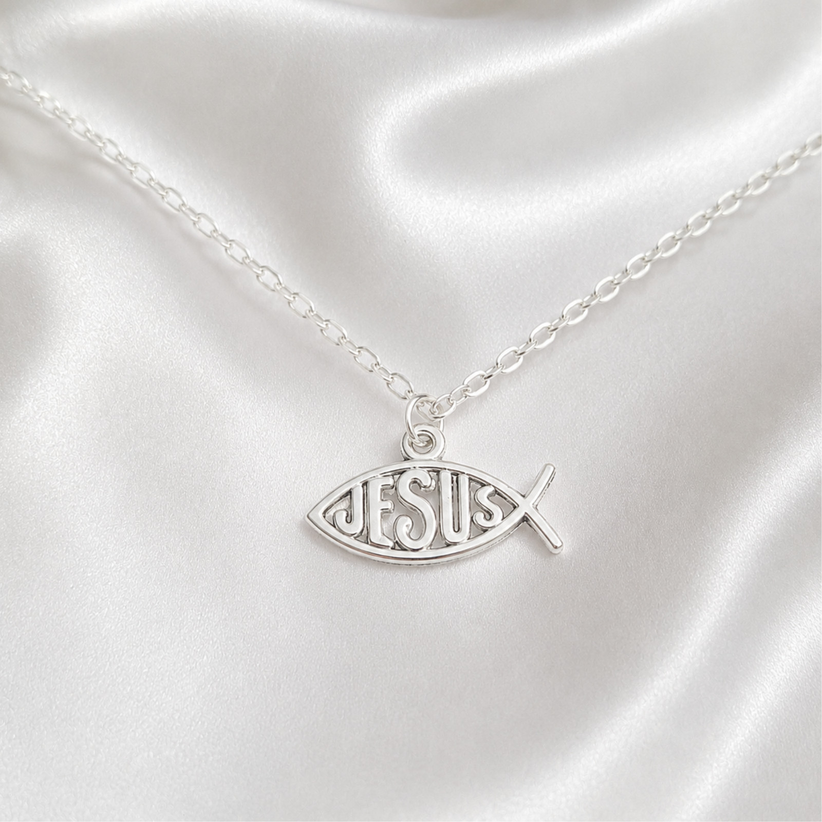 Ichthys Jesus Fish Necklace Silver Plated Christian Hope Pendant Faith Jewelry