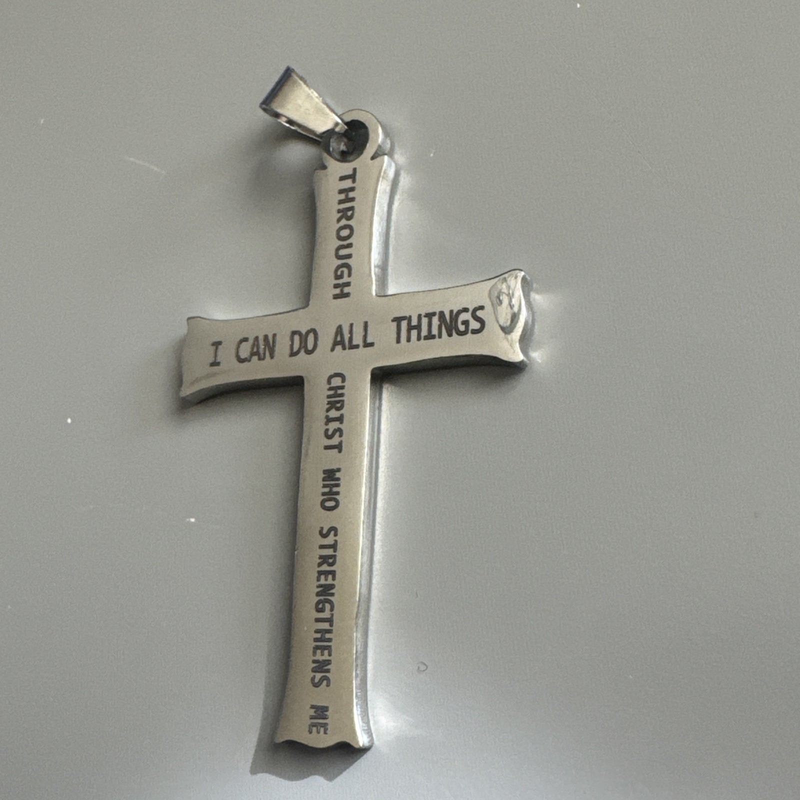 Cross Pendant Scripture Stainless Steel Silver Tone 24 Inch Cuban Link Chain