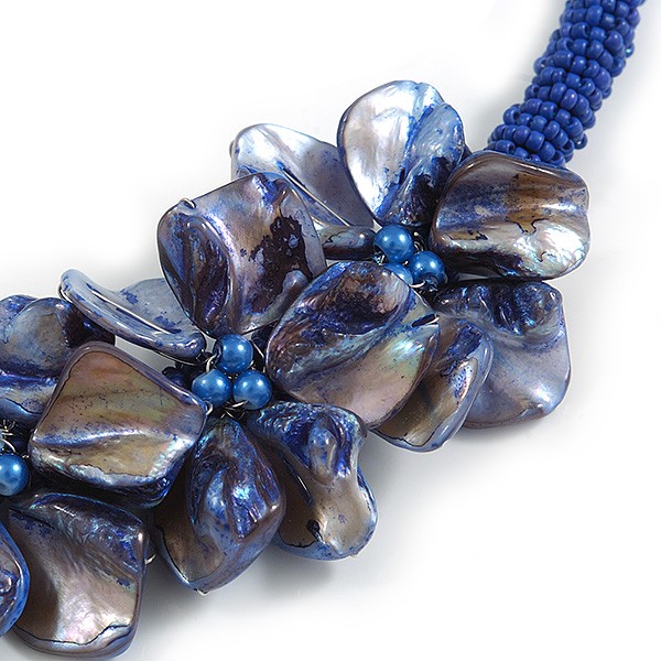 Stunning Glass Bead with Shell Floral Motif Necklace In Blue – 48cm Long