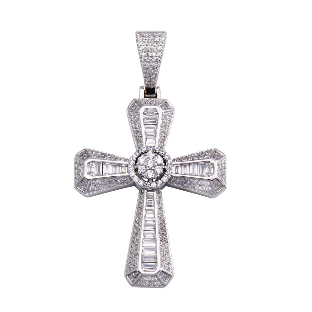 Rhodium Plated 925 Sterling Silver CZ Cross Disc Center Hip Hop Halo Pendant