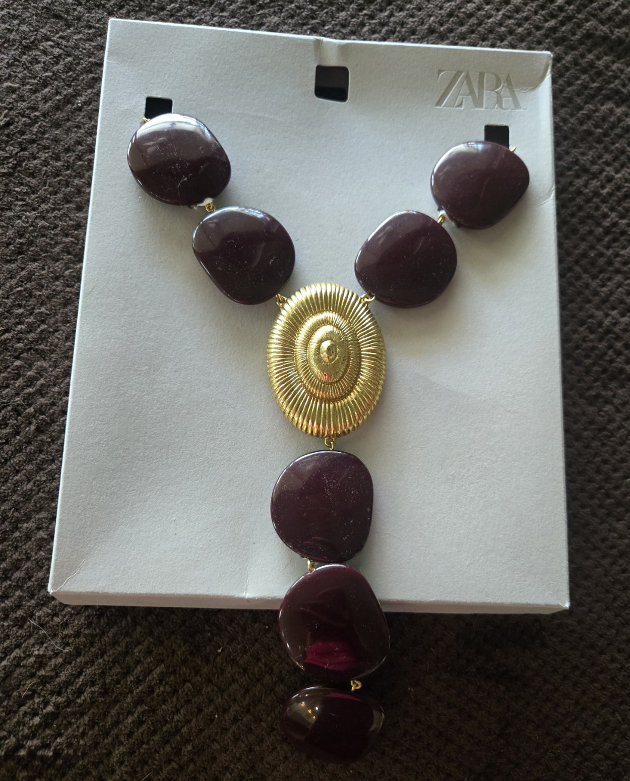ZARA Gold Tone Purple Metal Statement Necklace w/ Round Pendant