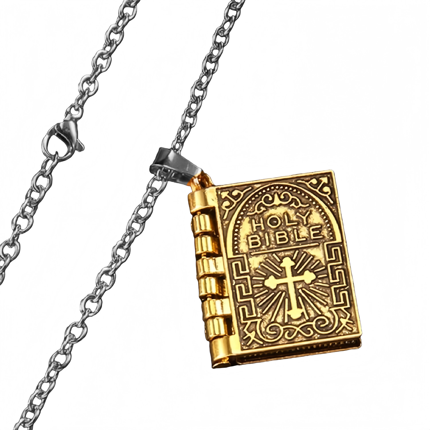 Men Women Vintage Gold Jewelry Bible Book Cross Pendant Daily Wear Necklace