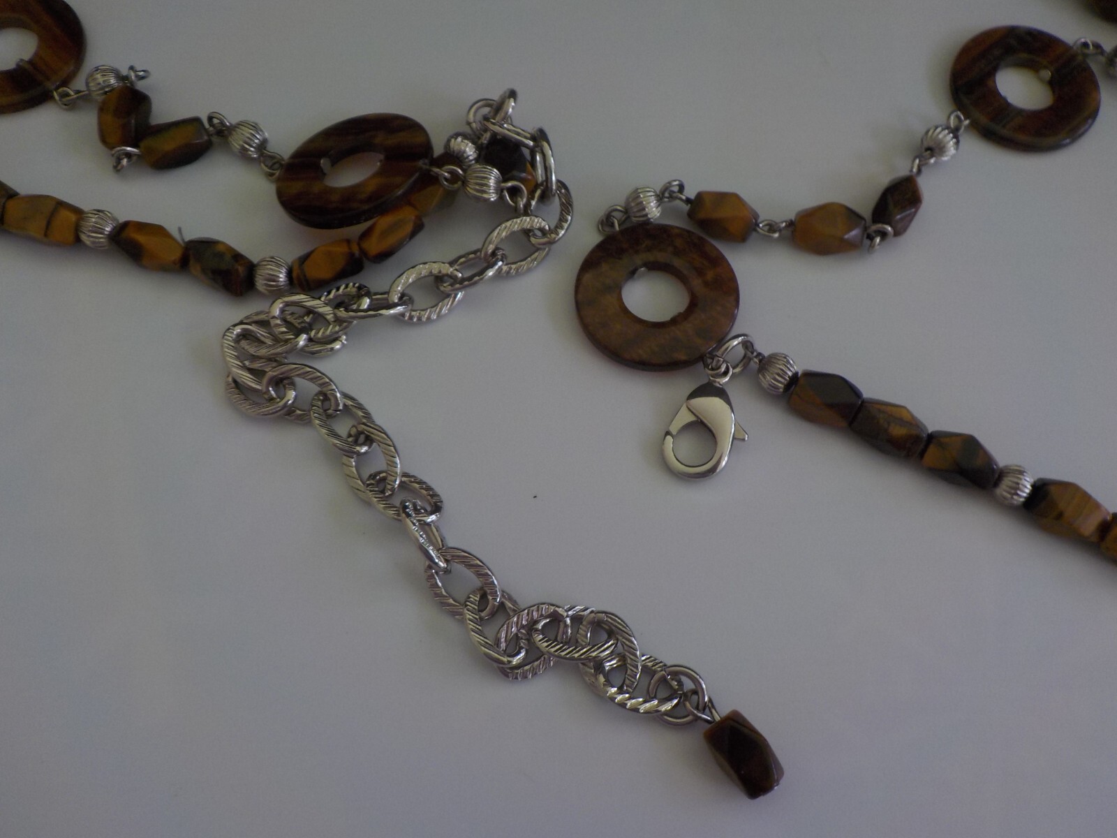 Tiger’s Eye & Plastic Round Double Strand Bead Necklace Long Brown Faceted