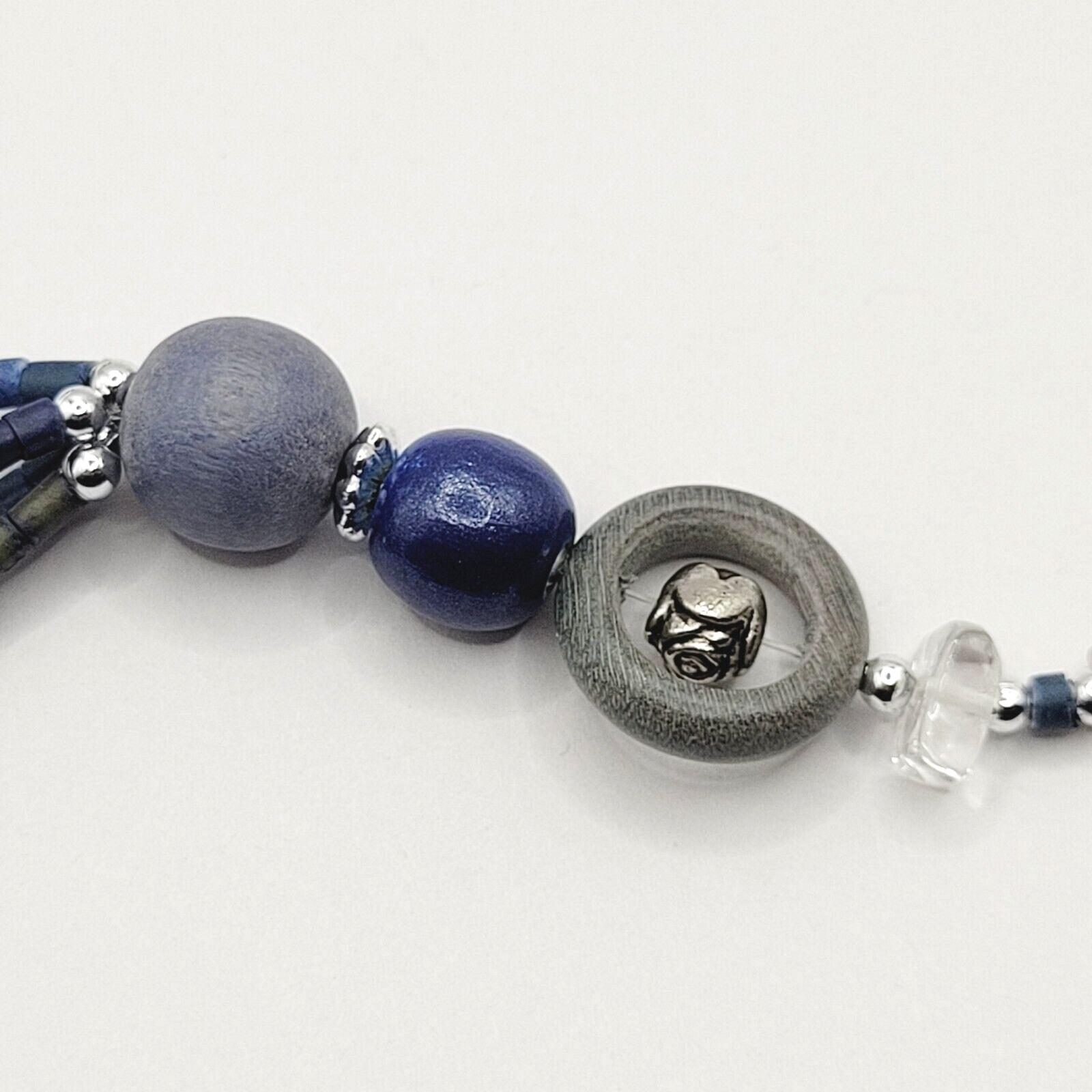 Mixed Material Wood Glass Metal Blue Heishi Style Multi Strand Beaded Necklace