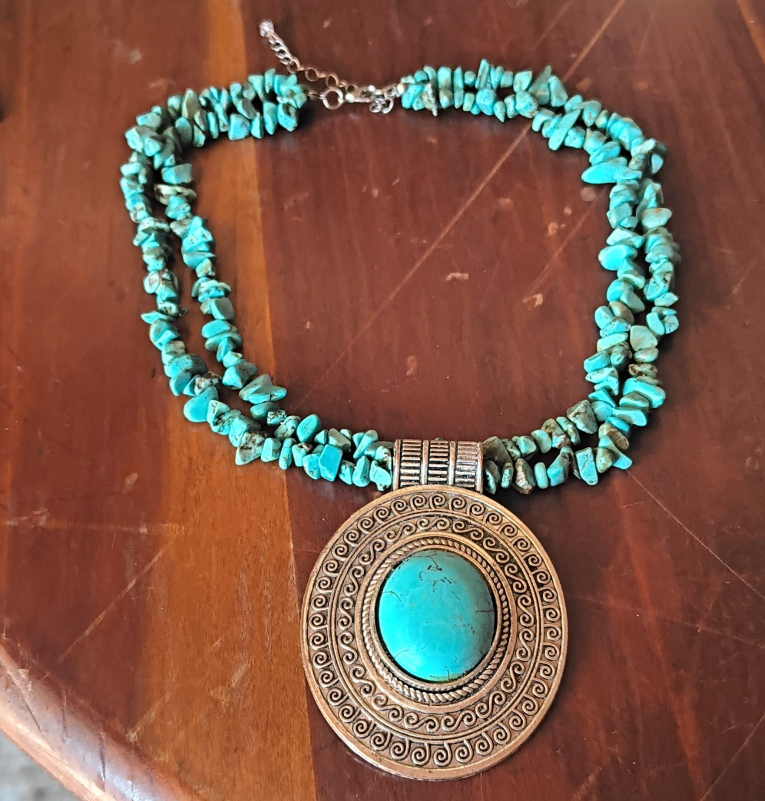 Turquoise Chip Beaded Necklace, Oval Medallion Pendant, Adjustable Lobster