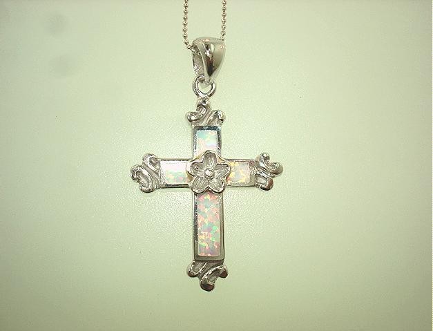 27mm Rhodium 925 Silver White Crystal Lab Opal Hawaiian Plumeria Cross Pendant