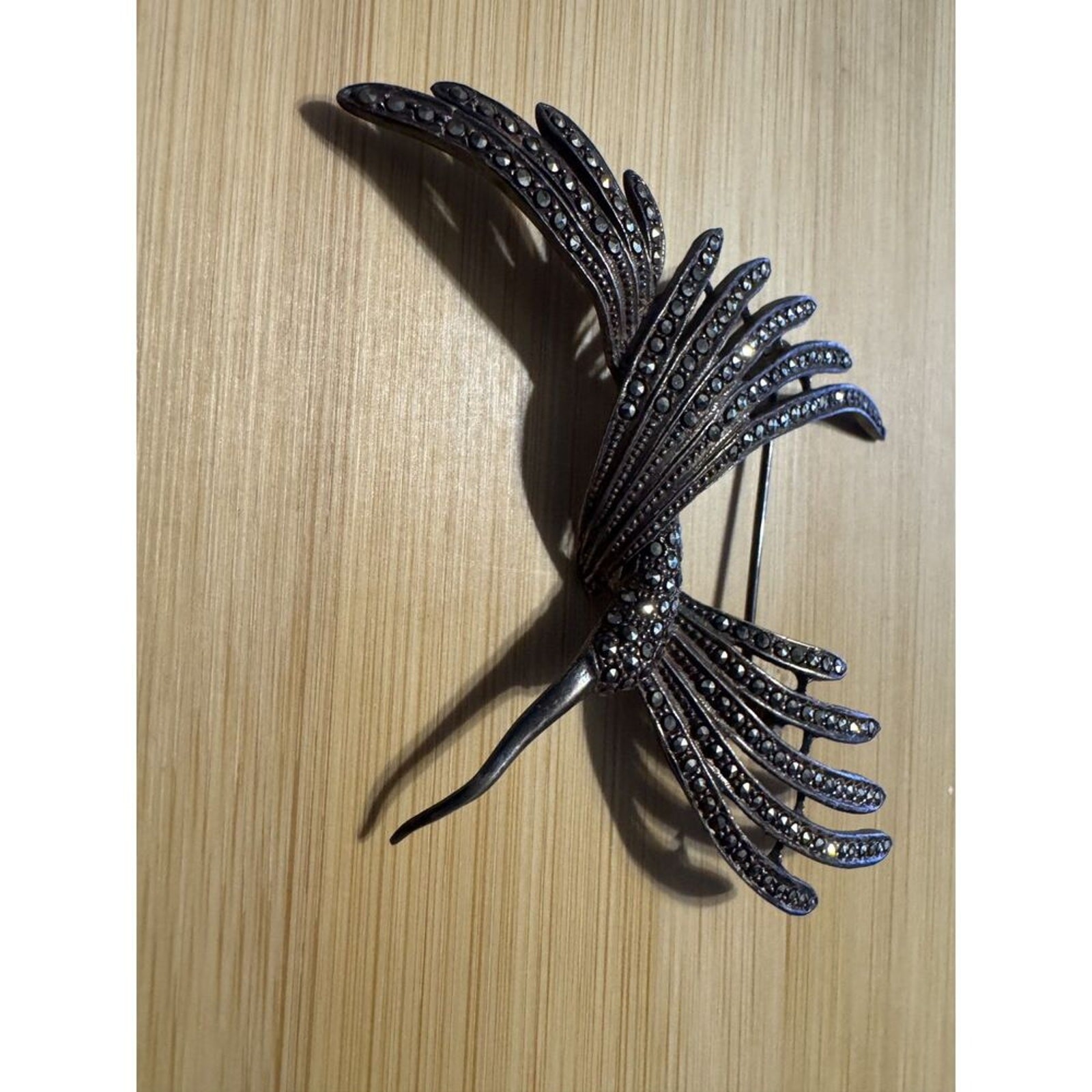 925 Silver Humming Bird Brooch 3.5×3 in Vintage Marcacites