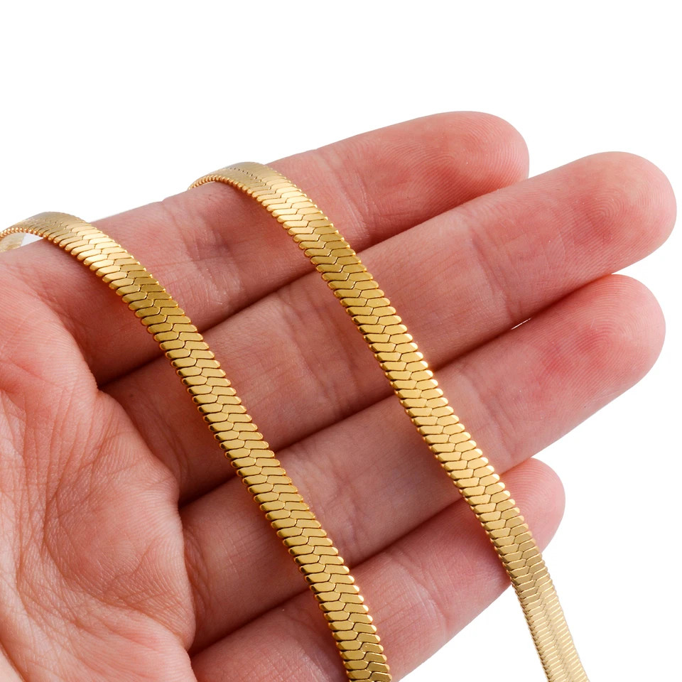 Flat Snake Chain Necklace Stainless Steel Gold Color Smooth Finish Jewelry