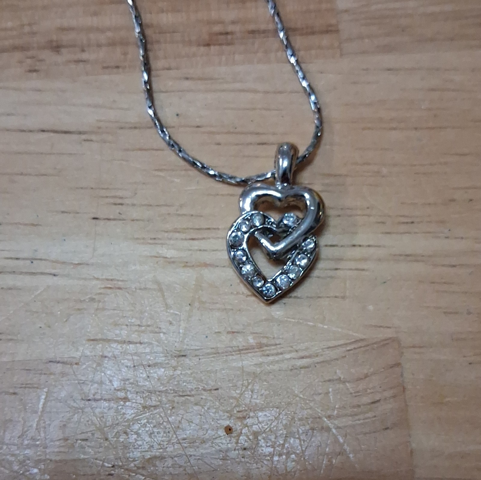 Silver Tone Snake Chain Necklace Double Heart Charm Pendant Clear Pavé Stones