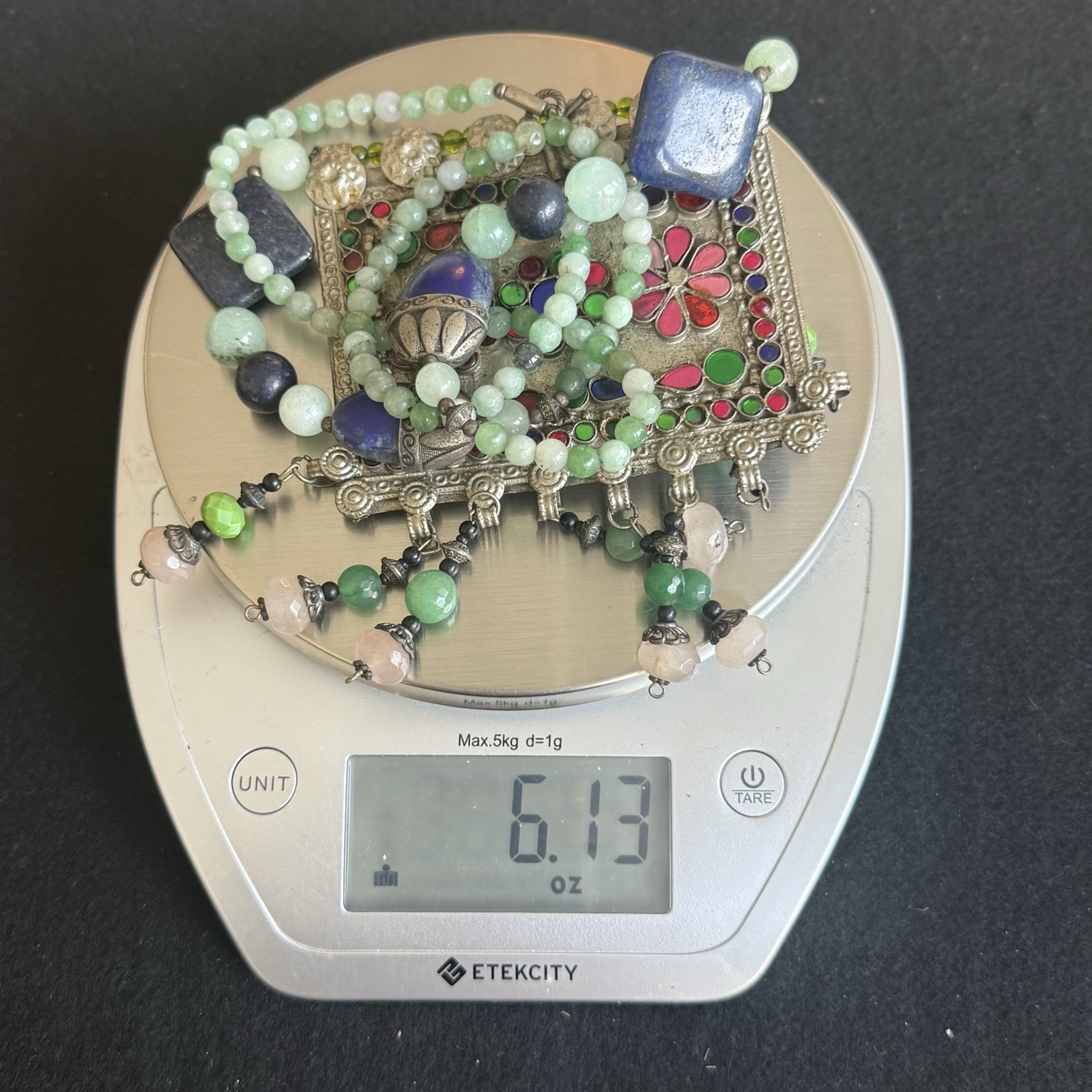 Multicolor Beaded Statement Necklace Silver Rectangle Floral Charm Dangle