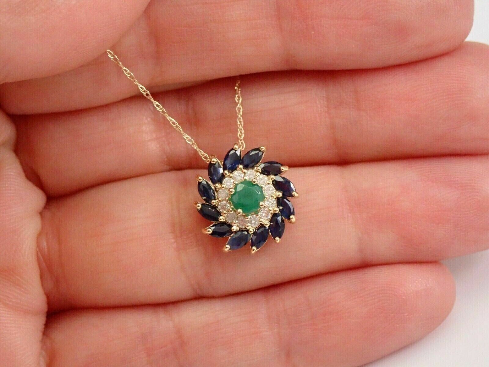 14k Yellow Gold Plated 2 Ct Round Cut Simulated Green Emerald Halo Pendant Chain