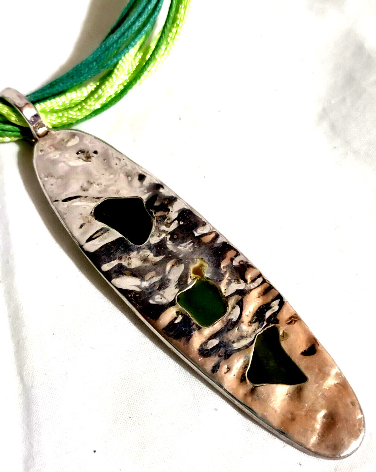 Metal & Glass Necklace Pendant on Chartreuse Cord Reversible Gold & Silver Tone