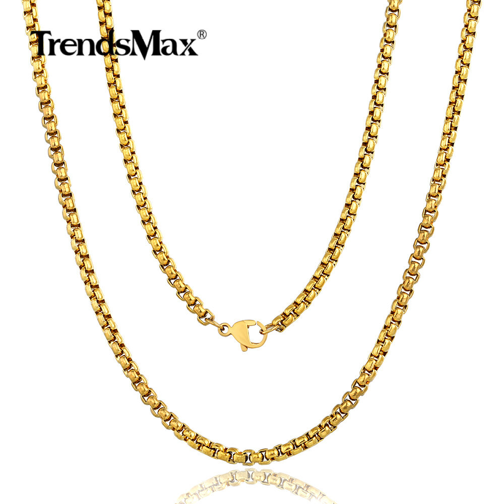 3MM Gold Plated Stainless Steel Round Box Chain Necklace 24″