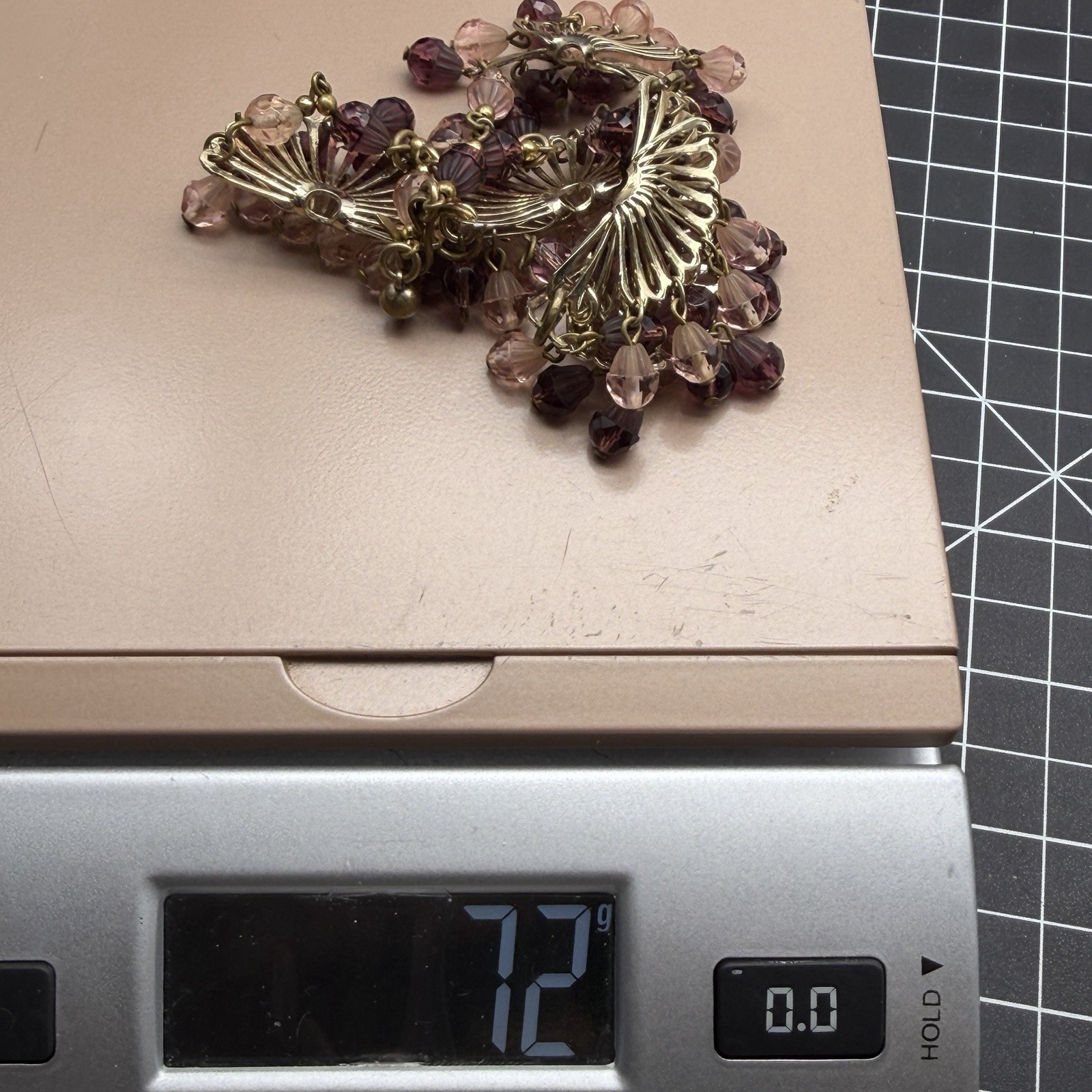 Vintage Purple Pink Glass Necklace Statement Scallop Bib Beaded Choker 15”