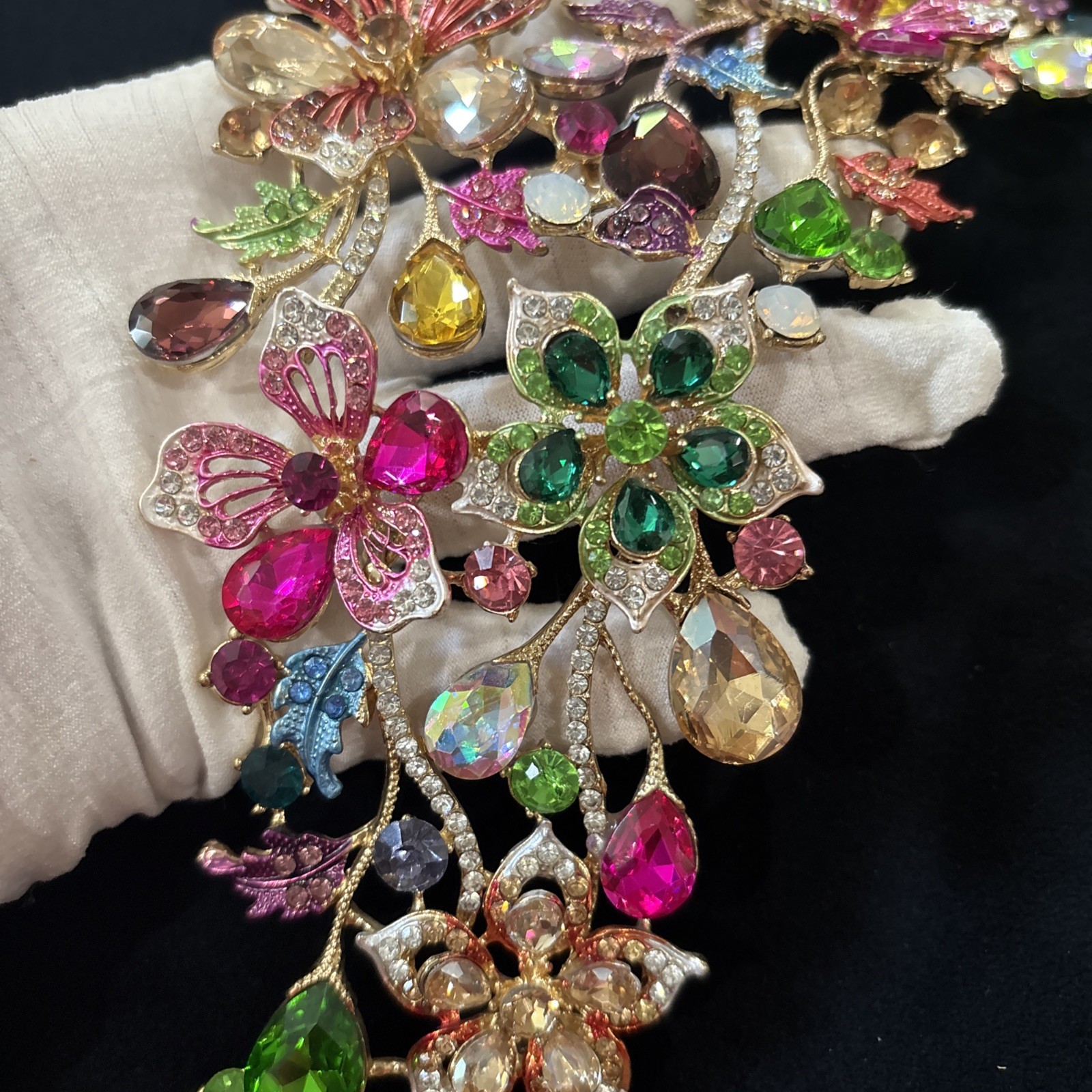 Christian Siriano Multicolor Floral Rhinestone Waterfall Bib Statement Necklace
